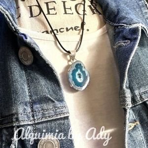 Aura Quartz silver 925 chain medallion /black cord choker necklace aqua blue